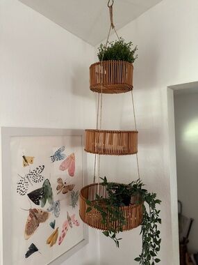 Three-Tier Rattan Hanging Planter - Natural Brown